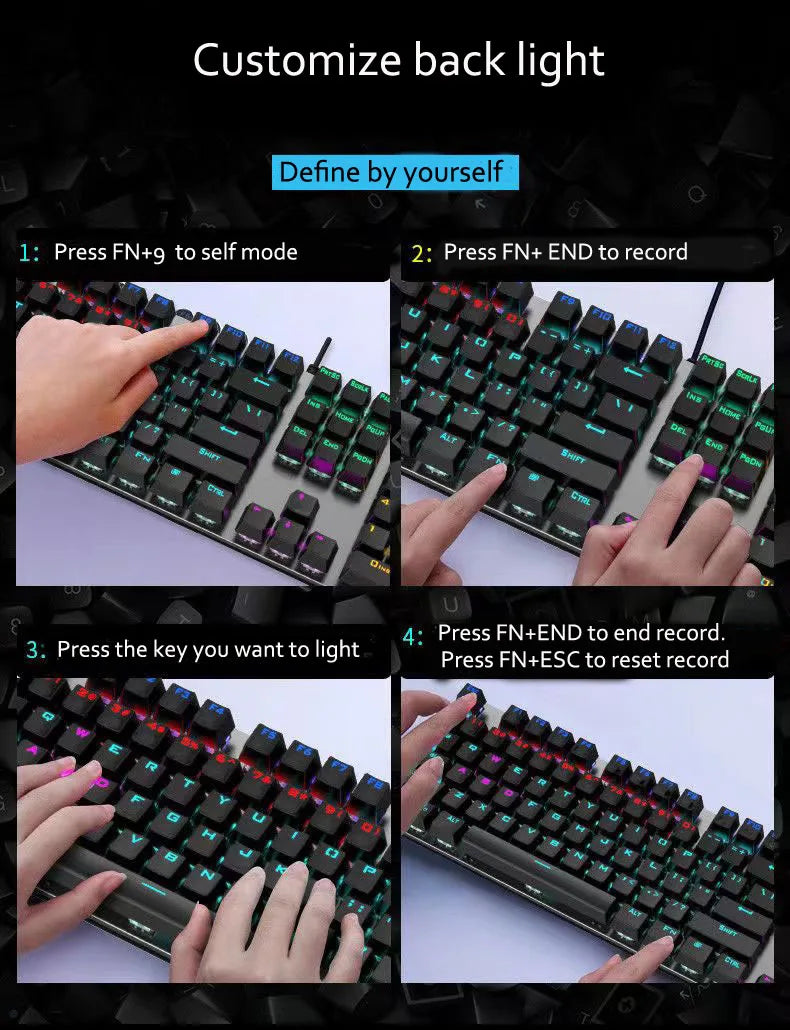Metal Panel Mechanical Keyboard with RGB Lighting and Green Black Tea Switches