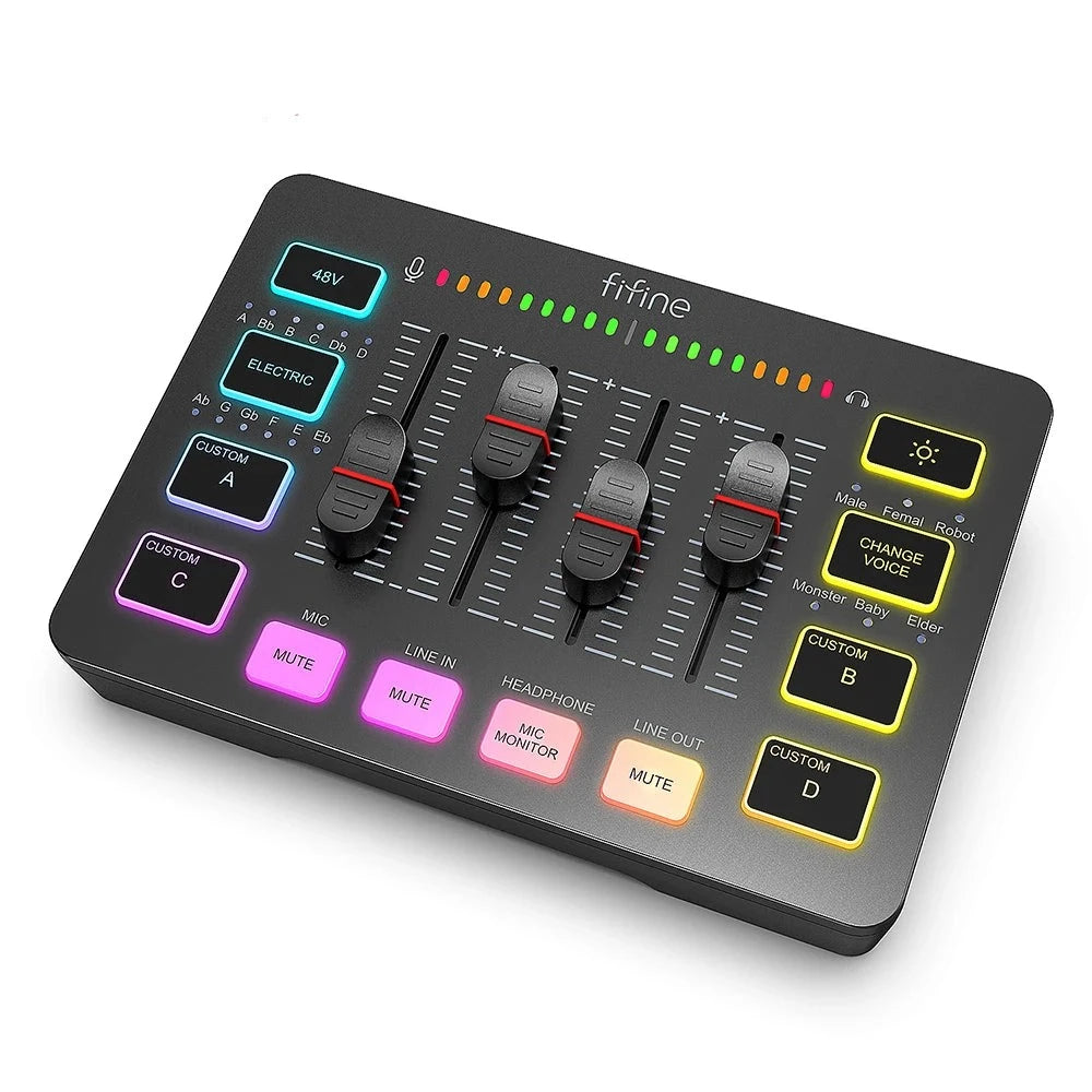 FIFINE SC3 4-Channel Gaming Audio Mixer with RGB and XLR Microphone Interface